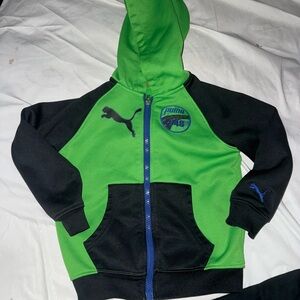 Puma Kids Green & Black Zip-Up Hoodie with Blue Accents